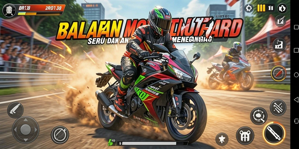 Tampilan gameplay seru dalam BRO138 dengan balapan motor yang mendebarkan.