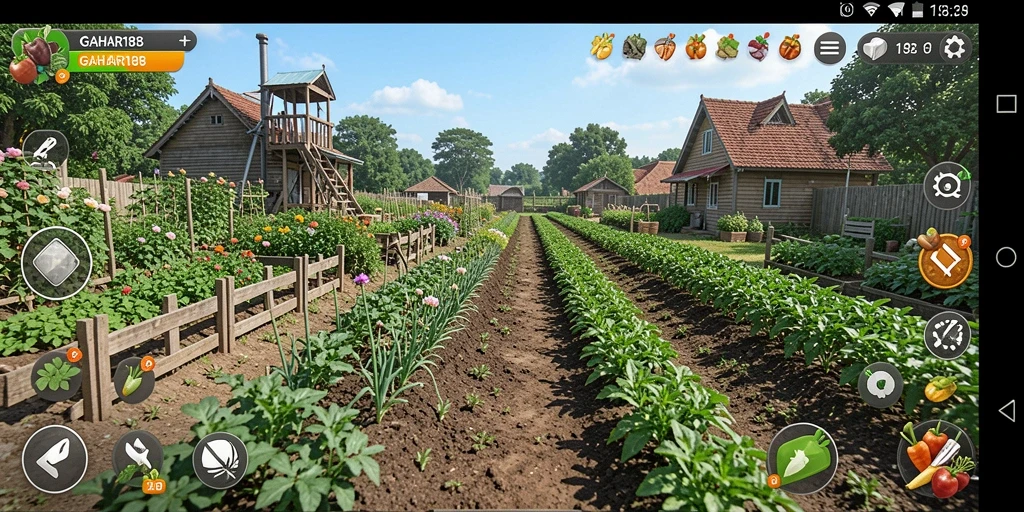 Tampilan gameplay GAHAR188 dengan ladang berwarna-warni dan hewan peliharaan.