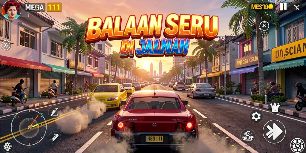 Screenshot game MEGA111 menampilkan aksi balapan seru dan tampilan mobil yang detail.