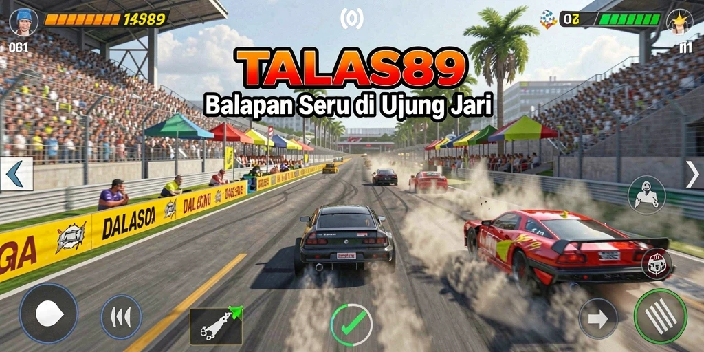 Screenshot gameplay TALAS89 yang menunjukkan balapan seru dan kendaraan futuristik.